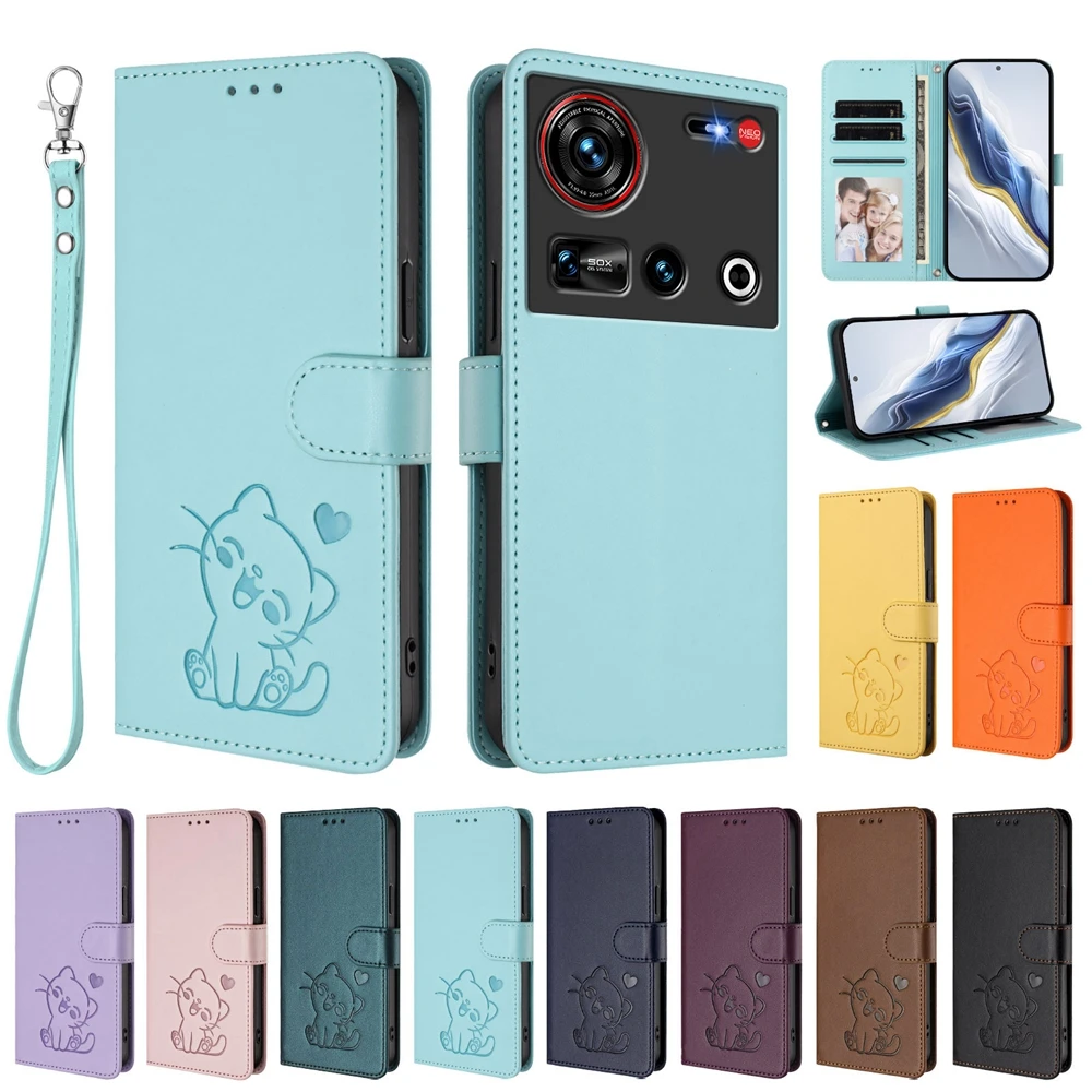 Leather Flip Phone Case with 3D Cute Cat Design