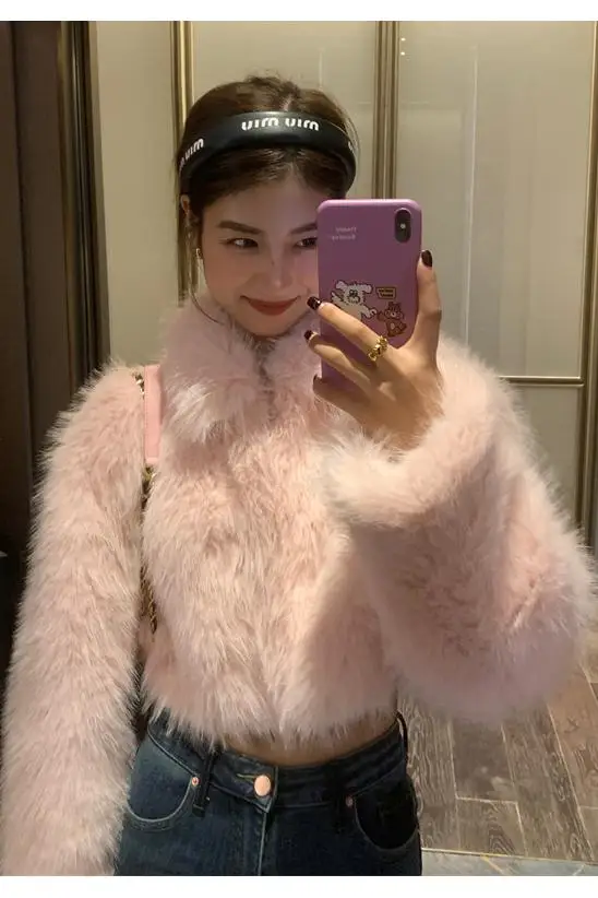 Winter Warm Short Cut Faux Fur Coats Women Long Sleeves Turn Down Collar Sweet Girls Pink Faux Fur Coat