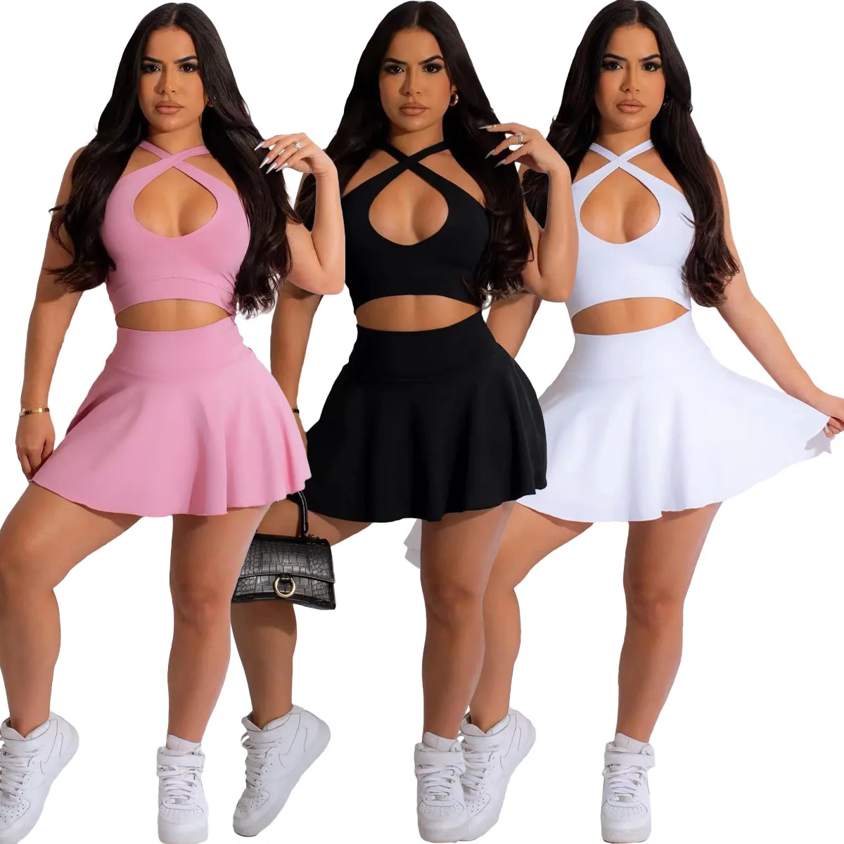 Sexy Hollow Out Backless Women 2 Piece Set Crop Top Criss-Cross Halter Vest Suit Summer Female Fashion Sporty Pleated Skirt Sets