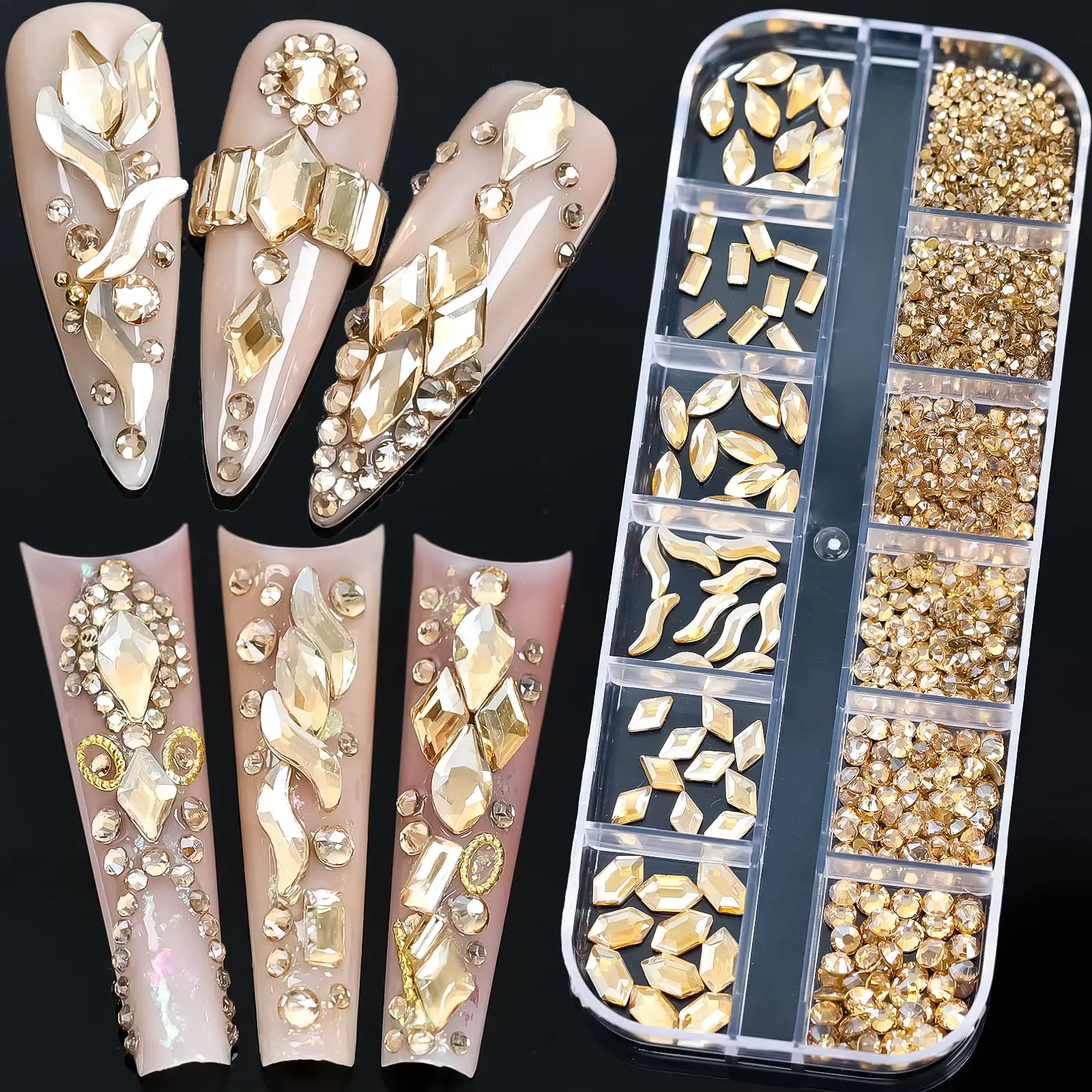 Décorations Nail Art 920 pièces strass Champagne pour ongles or Champagne  Bling Nail Art bijoux dos plat tailles mixtes or-diamant pierre gemme 230927
