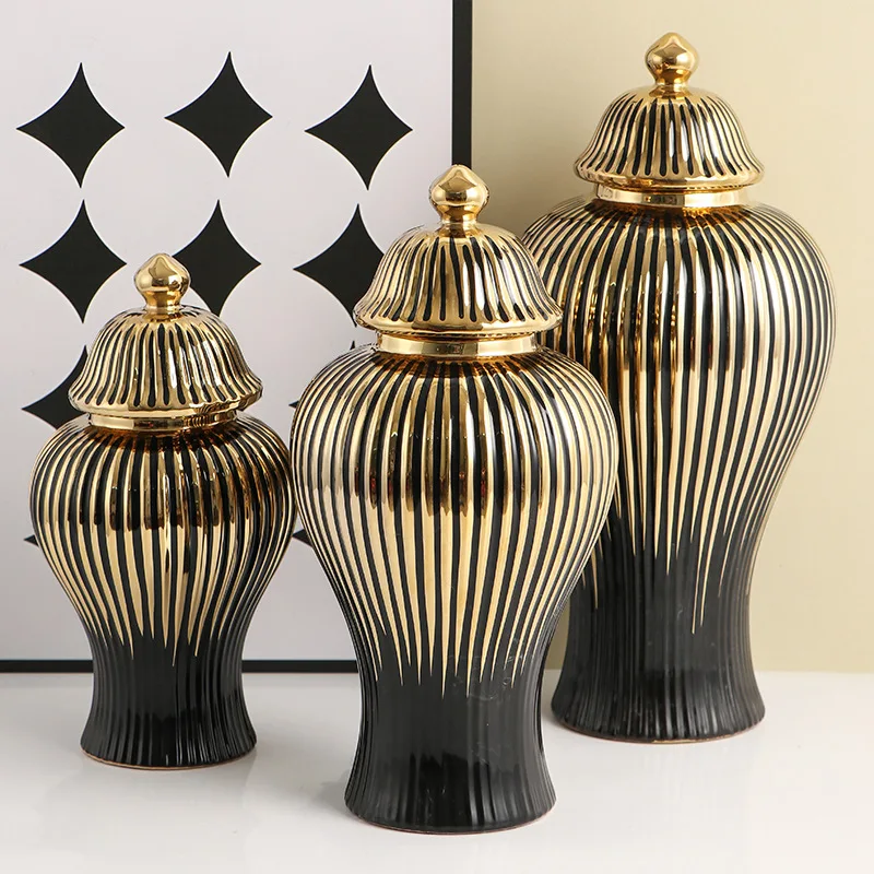 Ceramic Checkmate Jar Flower Vase Black Ginger Jar Gold-rimmed Storage Tank Porcelain Handicraft Floral Arrangement Accessories 4