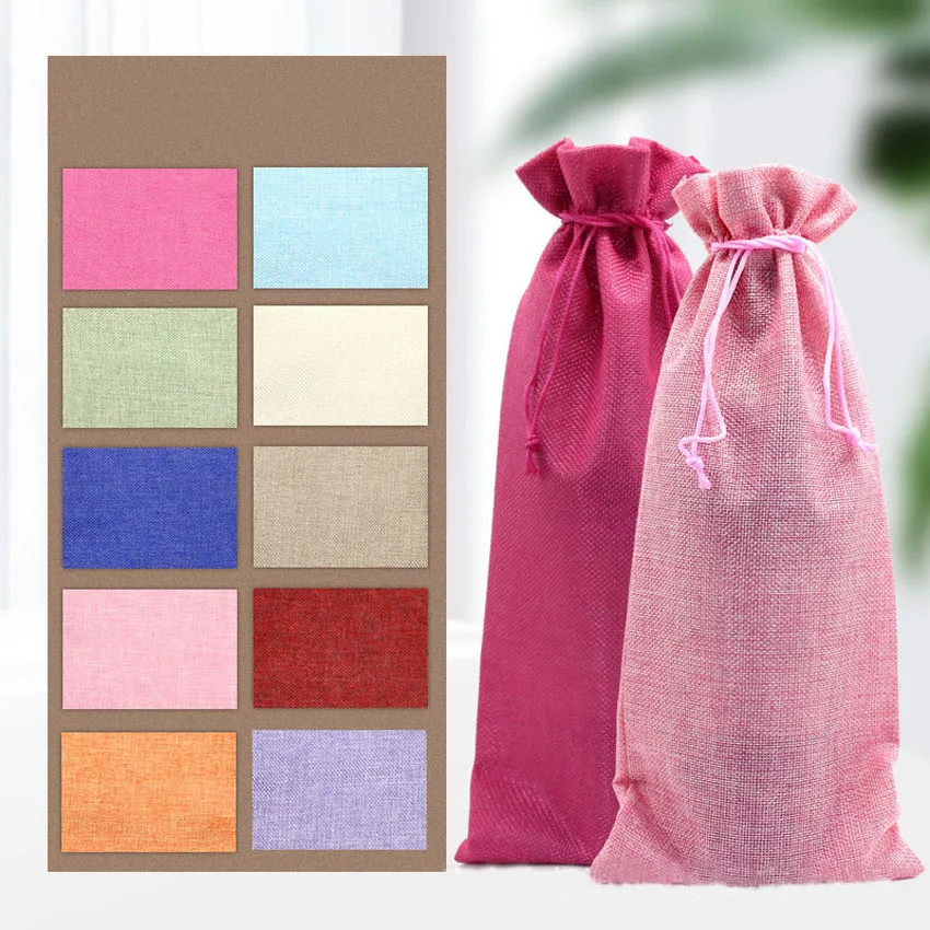 20pcs/lot 16*36cm Gift Champagne Pouches Burlap Linen Drawstring Bags Red Wine Bottle Covers Wine Bag Customised Logo