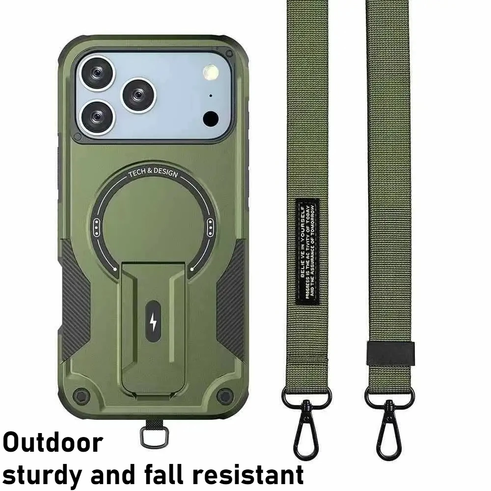 Outdoor Sturdy Magnetic Stand Armor Phone Case with Lanyard and Shockproof Protection