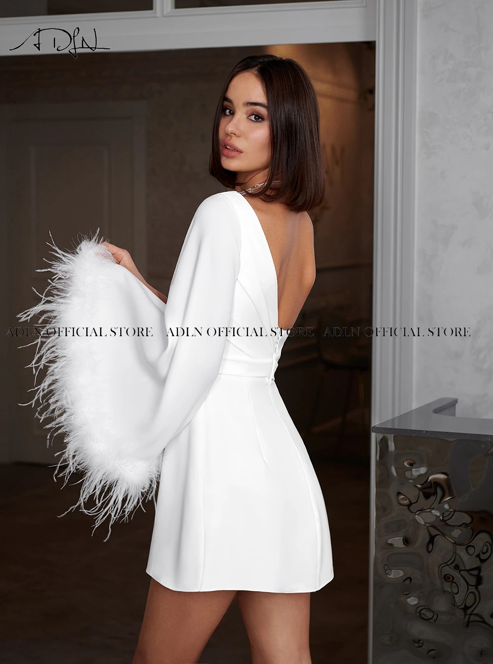 ADLN One-shoulder Short Wedding Dresses Feathers Customized Bridal Dress for Women Mini Little White Gown Robe De Mariee 6
