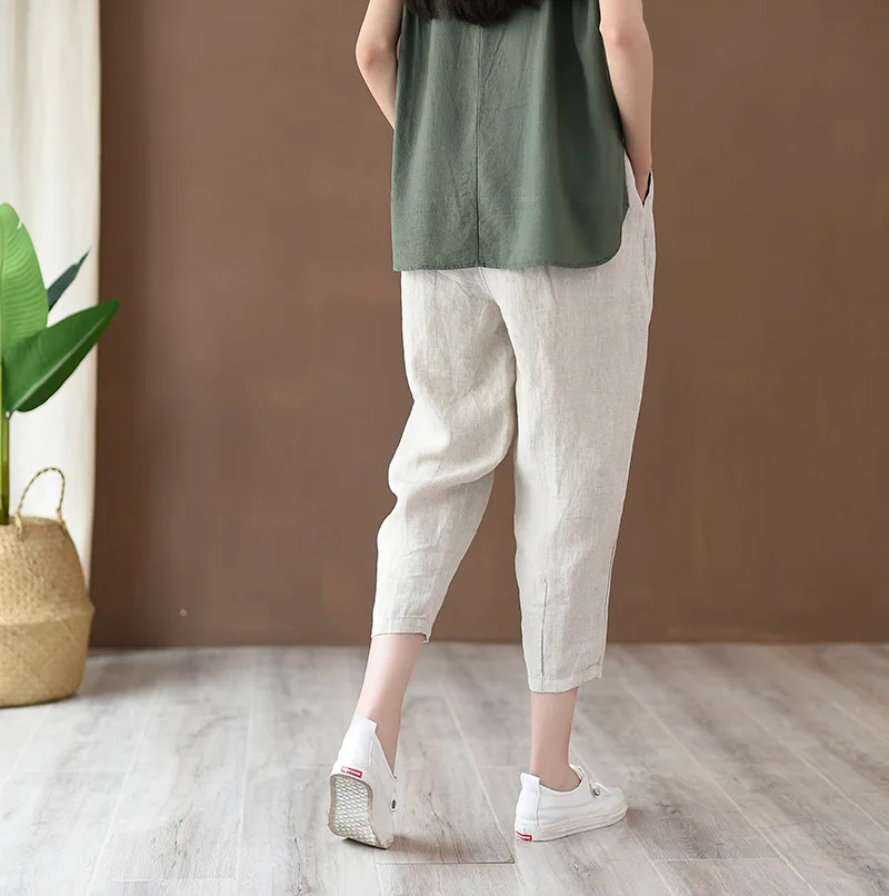2022 New Style Loose Women Calf-length Pants Spring Summer Solid Cotton Linen Women Pants RV658 white capris