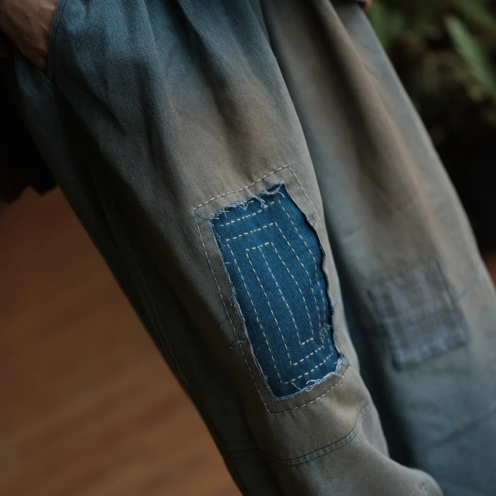 Johnature Women Vintage Patchwork Denim Wide Leg Pants Elastic Waist Loose Spring Trousers 2025 New Casual Long Pants