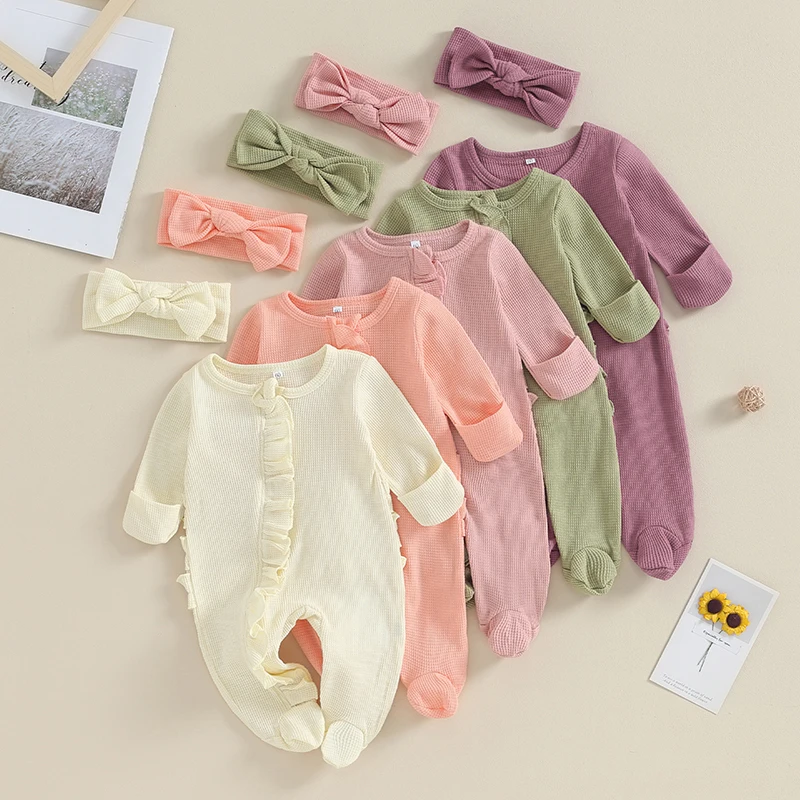 0-6M Neonato Footies Tuta con fascia Ragazze Ragazzi Abbigliamento Infantile Tinta unita Manica lunga Volant Pagliaccetto Abiti - immagine 2
