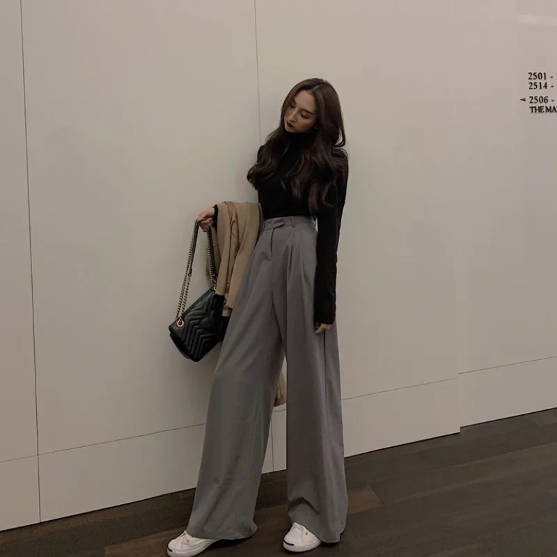 Casual Pants Women 2023 Autumn Clothes High Waist Drape Mop Slimming Pants Gray Loose Straight Wide Leg Suit Trousers Y2k