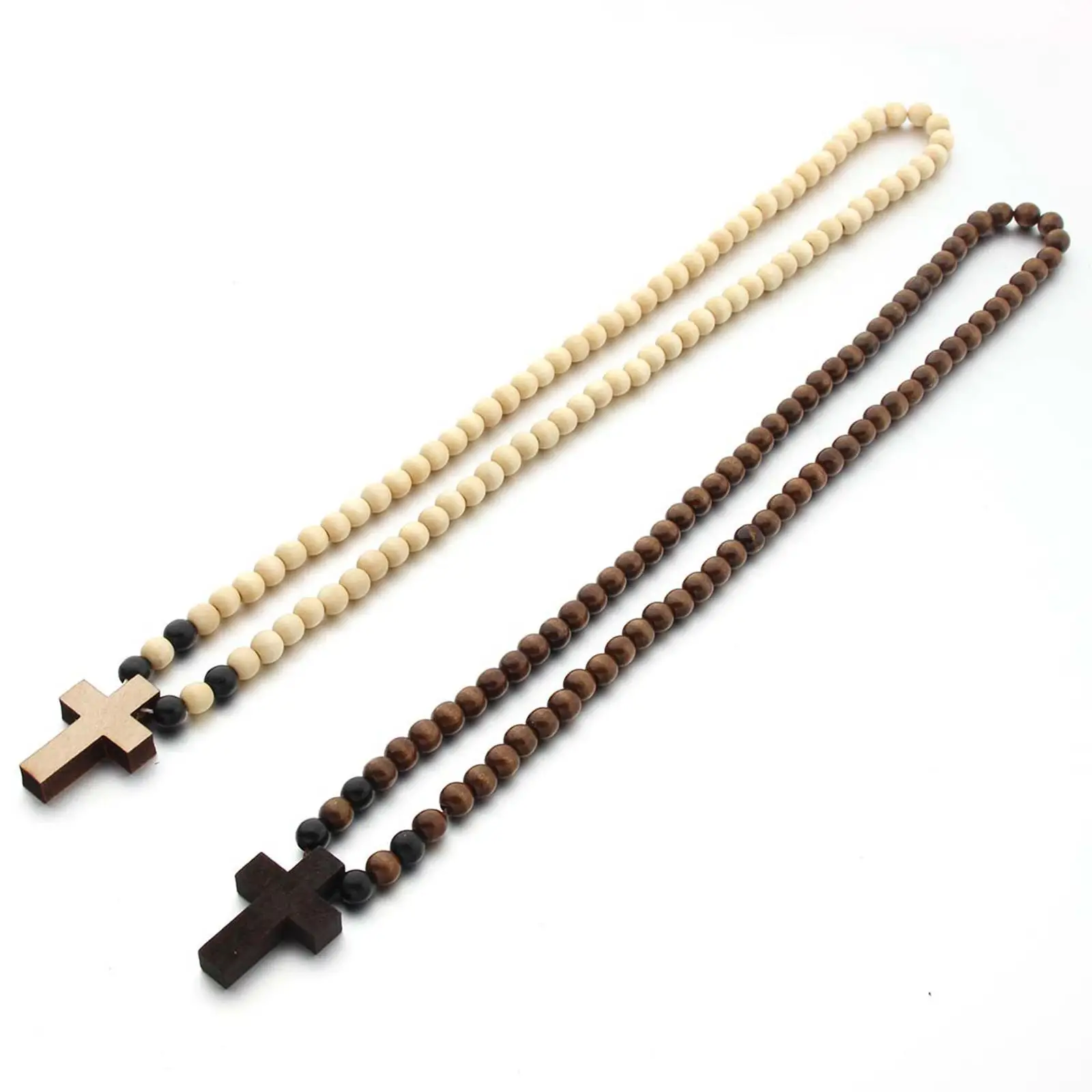 Wood Cross Pendant Necklace Chunky Beaded Chain Rosary Style Accessory for Men Women Church Events