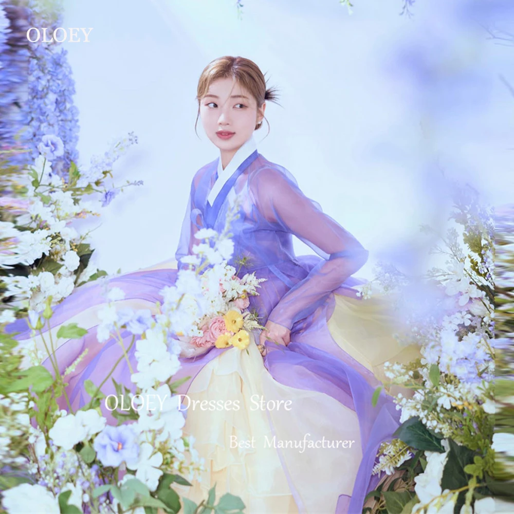 

OLOEY 2024 New Lavender Organza Korea Hanbok Wedding Photoshoot Long Sleeves Floor Length Formal Occasion Dress Photoshoot