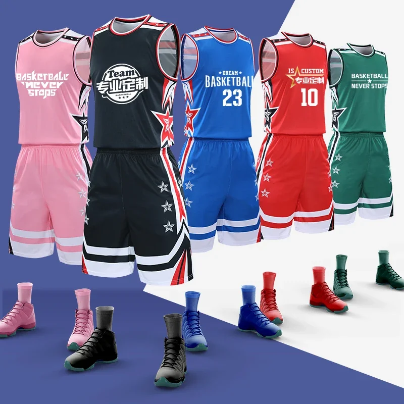 Customizable Mens Basketball Jersey Sets Breathable Basketball Uniform Sleeveless Shirts Shorts Suit Unisex HLG218