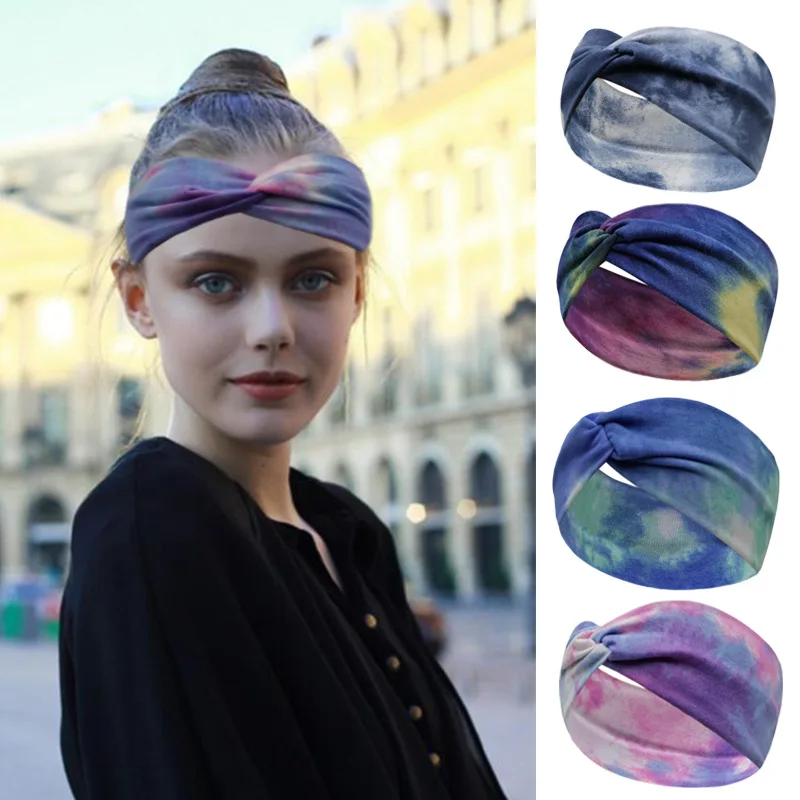 

Tie Dye Wide Knotted Sport Headbands for Women Vintage Turban Headwrap Girls Hair Bands Accessories Elastic Bandanas Headscarf