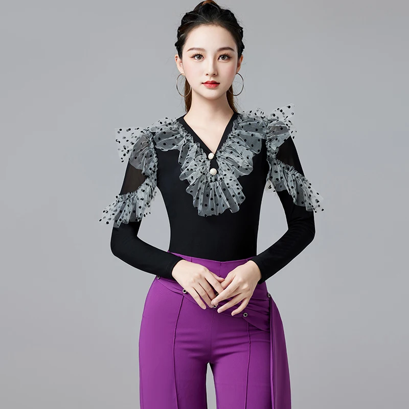 

Long Sleeve Latin Dance Clothes Women Purple Black Rumba Samba Dancing Stage Wear Waltz Ballroom Performance Bodysuit DL11502