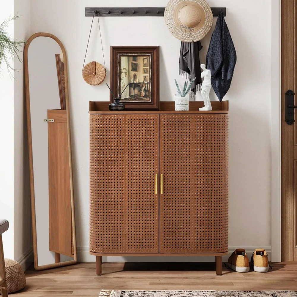 5 Tier Boho Wooden Shoe Cabinet - Adjustable Shelves & Curved Iron Rattan Door Shoe Storage Organizer 5