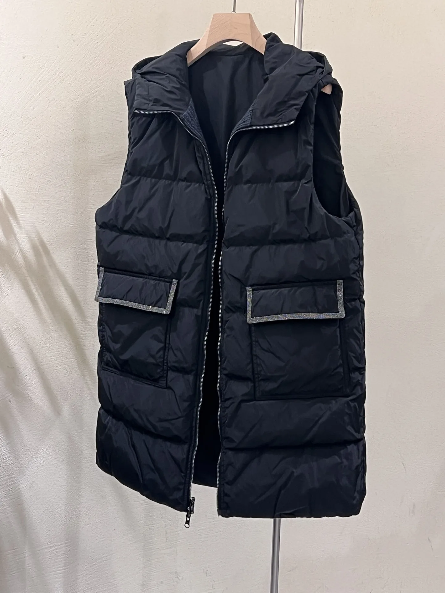 B*C Women\'s Two-Sided Wear Down Vest White Duck Down Medium-Length Hooded Jacket Wool Splicing Sleeveless Undershirt Winter