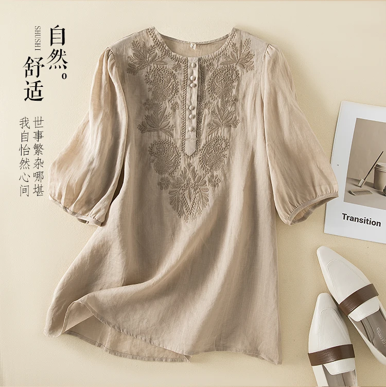 Camicia Donna Estate In Lino - Top Etnico Con Ricamo, Manica Corta - Foto 8