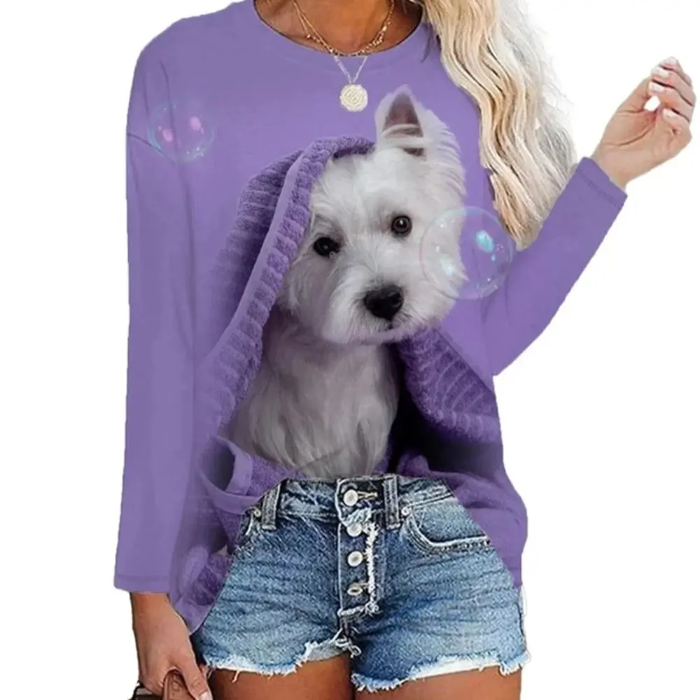 

Kawaii Dog Women's T Shirt 3D Print Casual Long Sleeve Tees Oversized Harajuku Clothing Blouse Female Loose Tops broadcloth