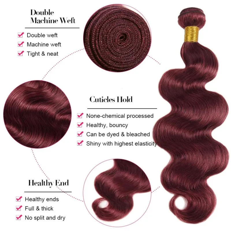 Body Wave Human Hair Bundles Brazilian Remy Wine Red Color 99J Human Hair Bundles Extensions Weave 24 26 Inch For Woman human hair bundles