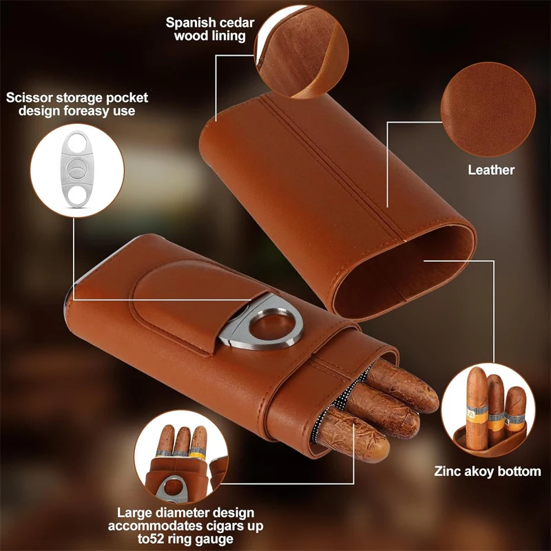 Leather Cigar Case-Three-Finger-Cedar Wood Lining Travel Humidors for Cigars-Cigar Accessories cigar case