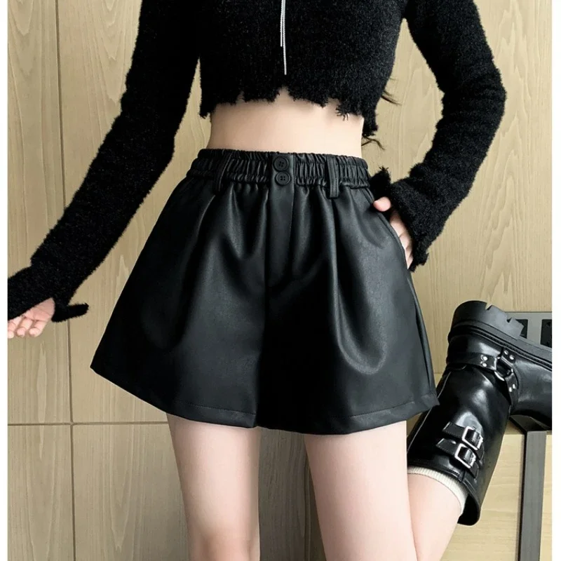PU Leather Shorts Women Elastic High-waisted Solid Color Loose A-line Wide-leg Office Lady Versatile Basics Daily Shorts Female