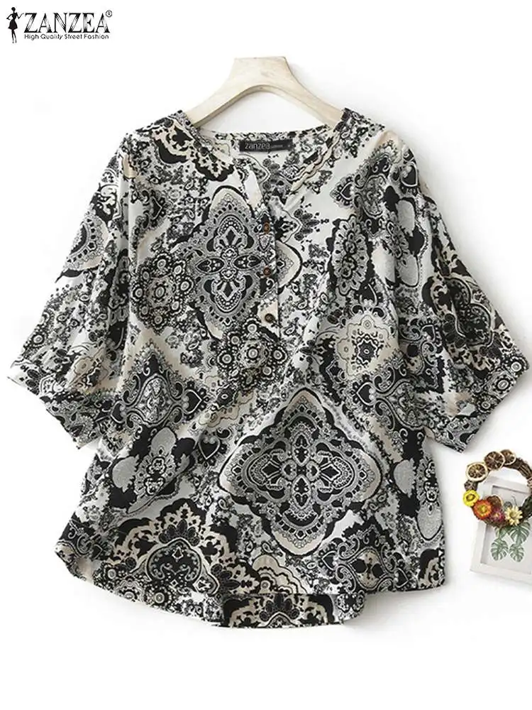 

ZANZEA Women Crew Neck Blouse Vintage Loose Printing Shirts Office Lady Short Sleeve Retro Tops 2023 Summer Fashion Cotton Tunic