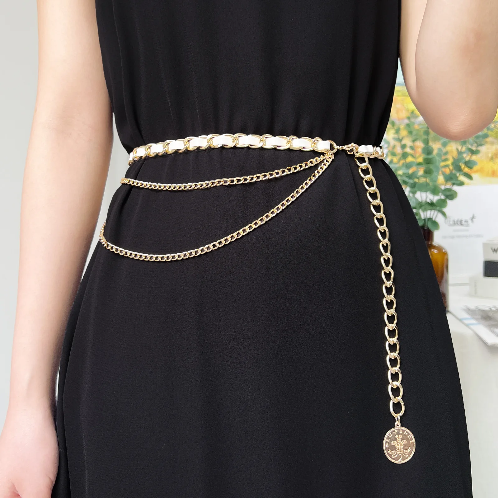 

39'' 2022 Fashion Women Belt With Black and White PU Leather Deocrative Extra 2 Row Metal Chain Female Pants Dresses Accessories