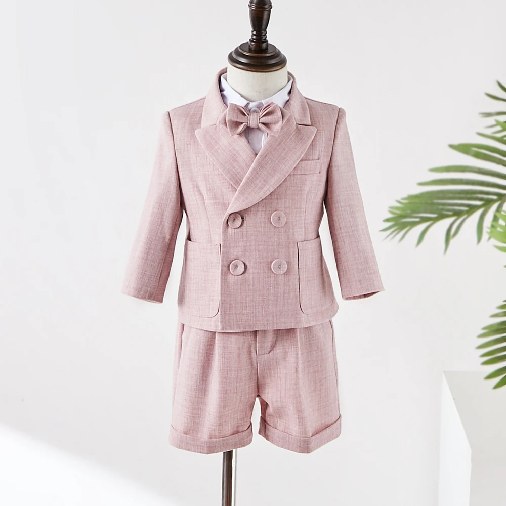 Boys Suit For Weddings Birthday Little Boy Gentleman Outfit Formal Suits Children Coat Strap Shorts Bow Tie Clothes Set