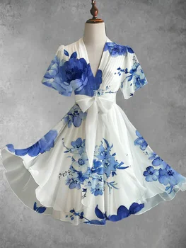 Large size women's vintage floral art print V-neck elegant and stylish short-sleeve flowing mid-length dress