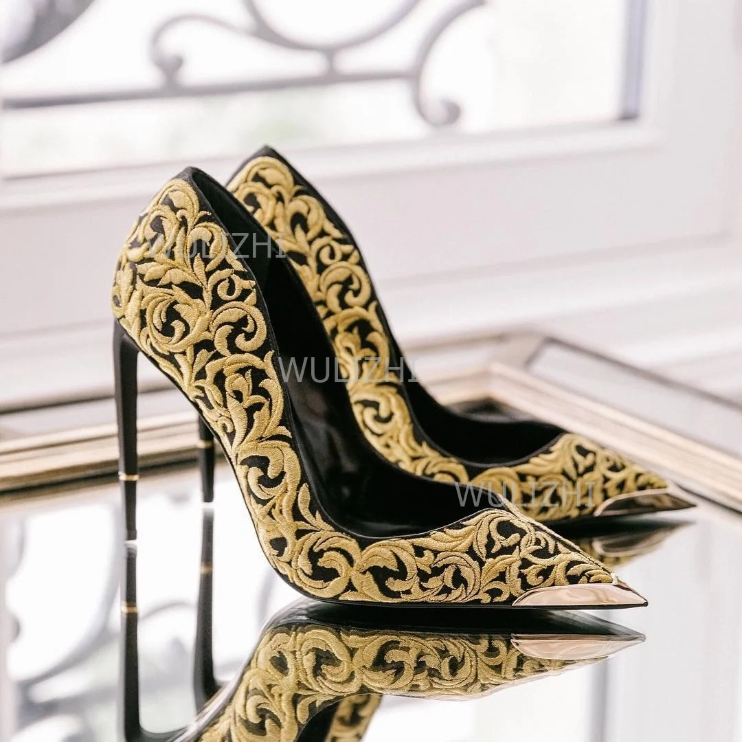 Flowers 3D Gold Embroidery Wrapped Pump Women Luxury Heels