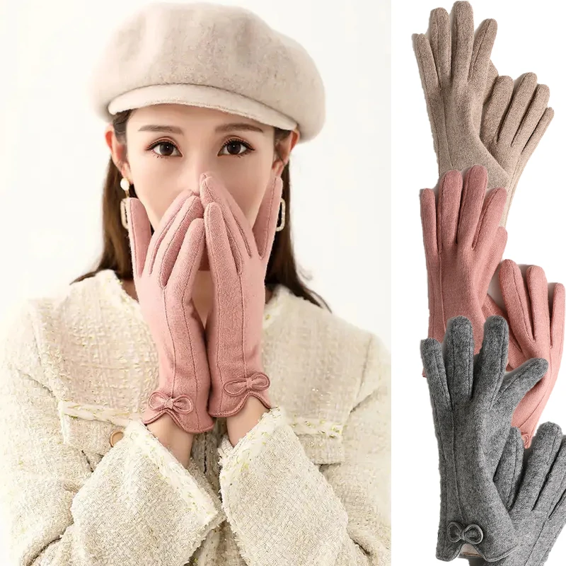 Winter Cashmere Touch Screen Warm Gloves Women's Outdoor Riding Plus Velvet Thicken Wool Bow Full Finger Driving Mittens