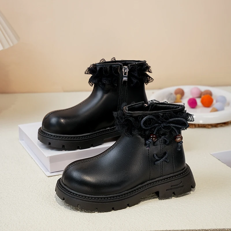 Leather Ankle Boots for Girls with Lace Bow