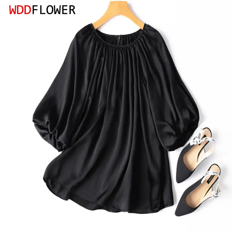 

Women Blouse 100% Mulberry Silk 20 Momme Thick Pearl Silk Loose Type Baby Doll Black Color Ruff sleeve Top Shirt Plus Size MM673