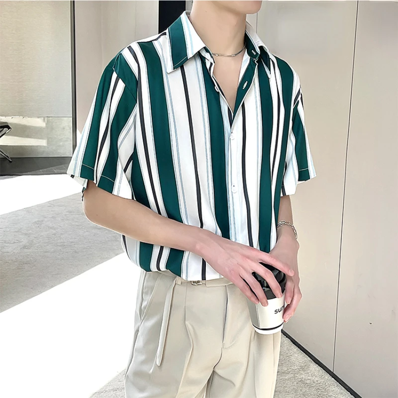 

New Arrivals Striped Shirts for Men Short Sleeve Summer Thin Silky Drape Shirt Design Sense Loose Casual Shirt Men Streetwear