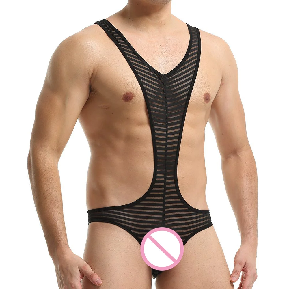 

Sexy Men Sissy Bodysuit Ultra-thin Mesh Open Crotch Jumpsuit Transparent Bikini Underwear Hight Cut Seduction Erotic Sleepwear