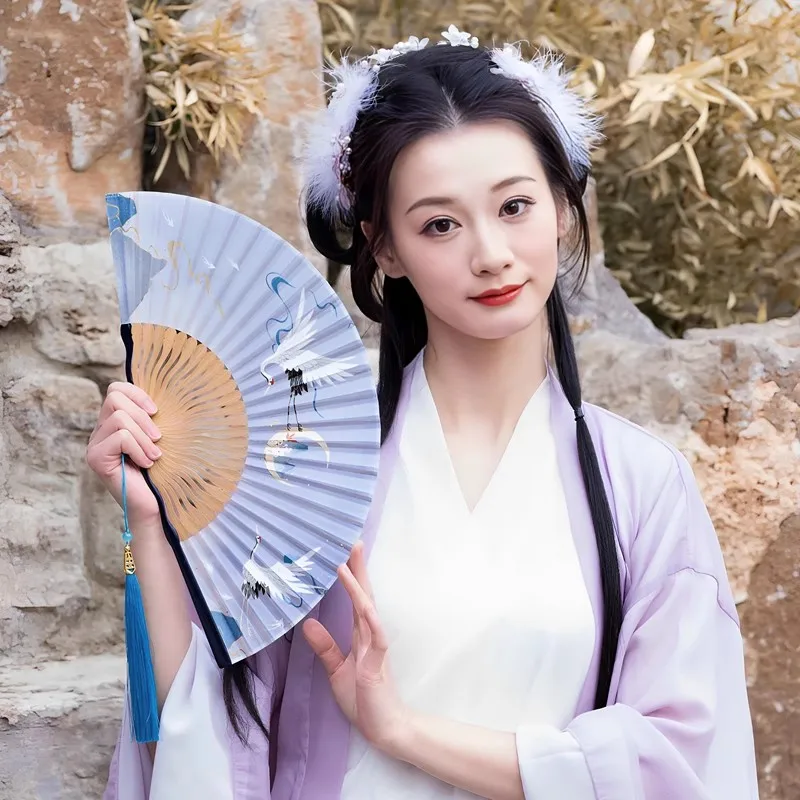 Chinese Crane Folding Fan New Oriental Style Bamboo Hand Fan Traditional Couple Fans for Hanfu & Qipao Portable Travel Gift