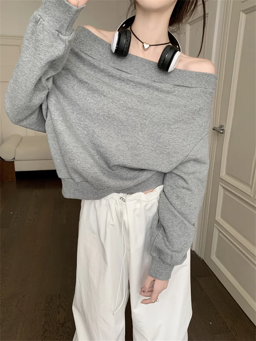 Arazooyi All Match Sweatshirts Women Slash Neck Sexy Slim Office Lady Full Sleeve Autumn 2023 Vintage Off Shoulders Daily