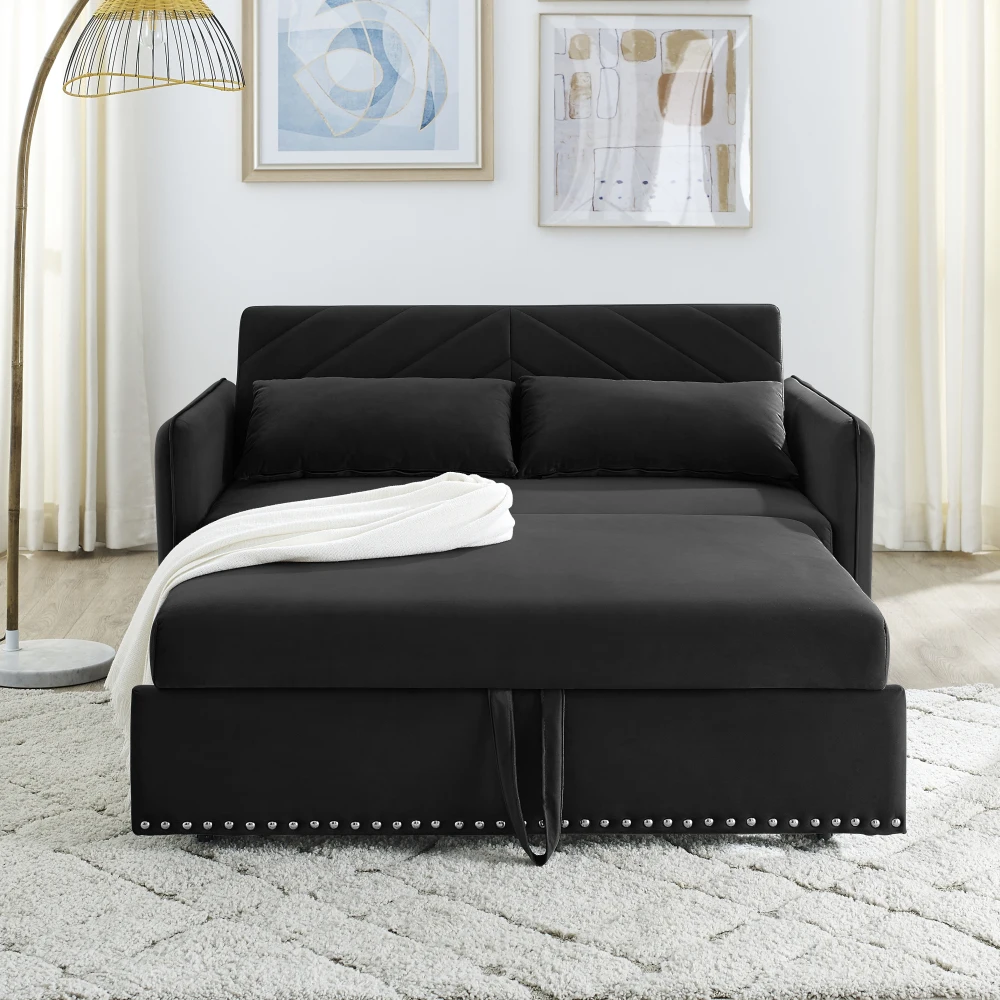 MH Sleeper Sofa Bed w/USB Port, 3-in-1 Adjustable Pull-Out Bed, 2 Lumbar Pillows, Side Pocket - Soft Velvet Convertible Sleeper 5