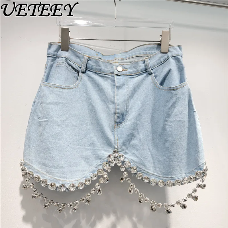 high-street-luxury-heavy-industry-rhinestone-chain-decoration-high-waist-denim-skirt-women-high-grade-slim-fit-sheath-mini-skirt