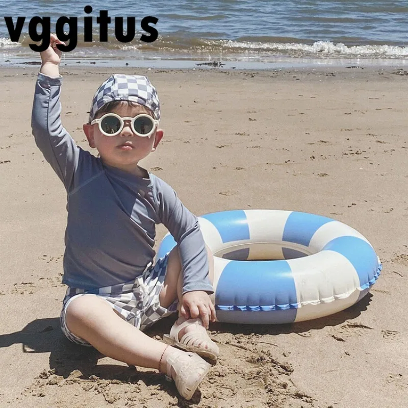 

New Summer Children Swimwear Sets Checkerboard Swimsuit for Boys and Girls Long Sleeve Sun Protection Swimming Clothes H3663