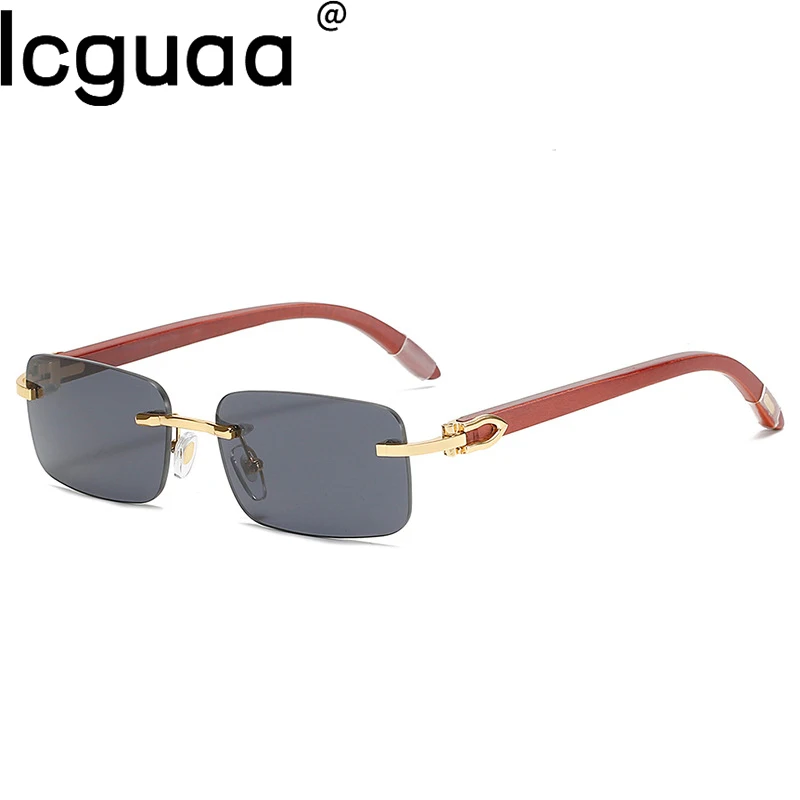 Rimless Wood Square Sunglasses For Men Designer Rectangle Uv400_voghion.com