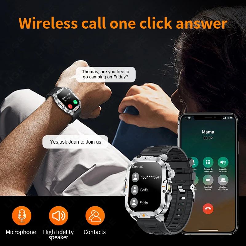 LIGE 2.01 Inch LED Flashlight Smart Watch 410mAh Large Battery IP68 Waterproof 100+ Sports Modes Military Outdoor New Smartwatch