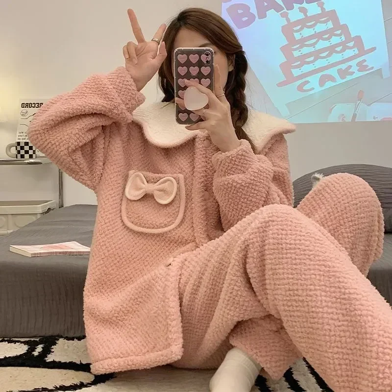 

Home Nighty Winter Coral New Cute Clothes Velvet Autumn Plush Flannel Leisure Pajamas Thickened 2023 Suit Wear Women Warm