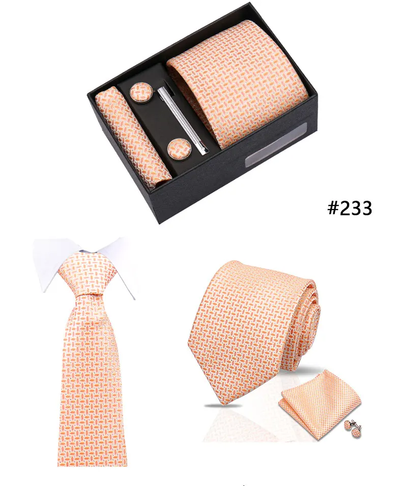 Top Quality Tie Set Gift Box Necktie Pocket Squares Cufflinks Tie-Clip Set With Black Box Men Birthday Gift Gravatas Accessories