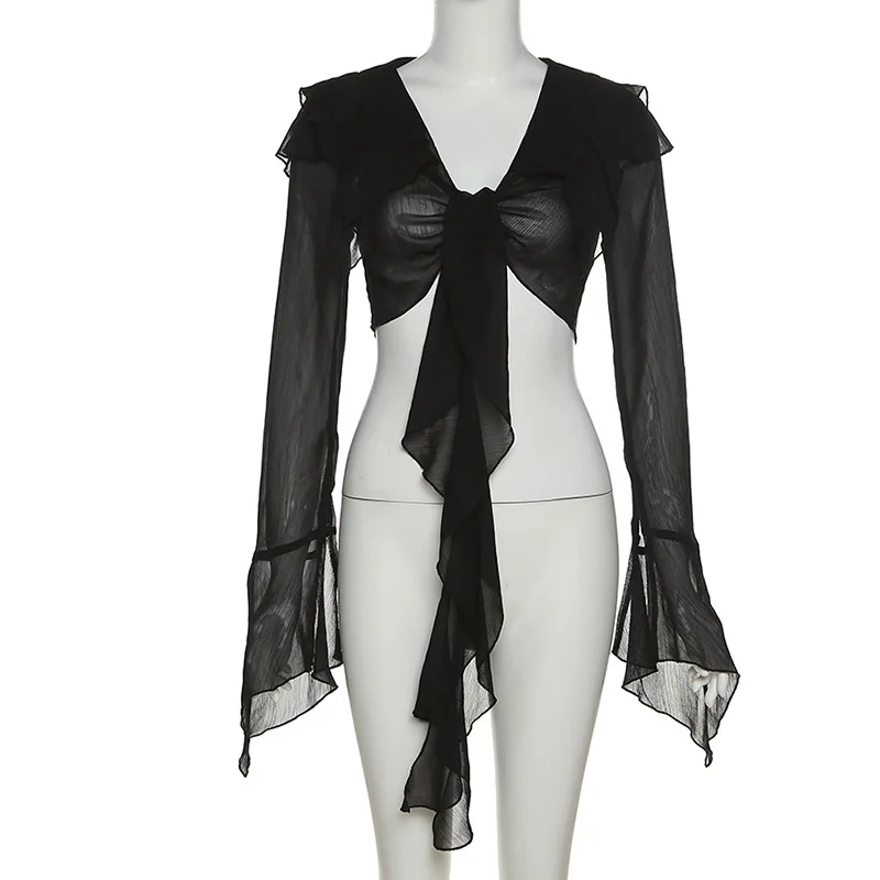 

Women's 2022 summer new solid color sexy mesh long-sleeved navel strappy waist T-shirt