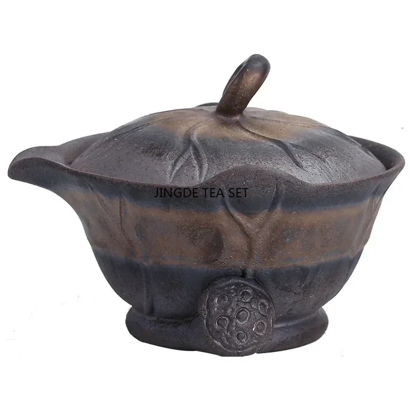 Rough pottery lotus leaf hand-held pot Chinese retro old rock mud gold-plated iron glaze Kung Fu tea set lid bowl