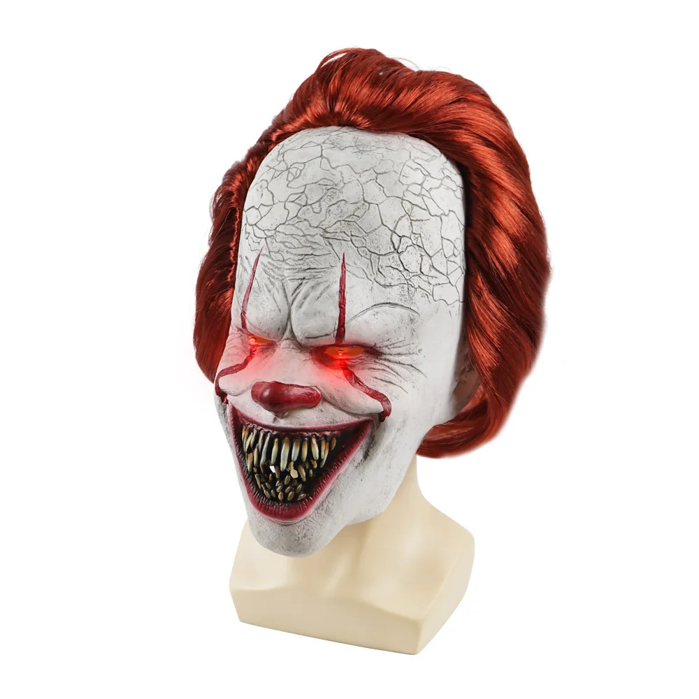 Horror Clown Mask Head Cover LED Light Up Adjustable Halloween Face Shield Cosplay Halloween GrimaceCarnival Party Props