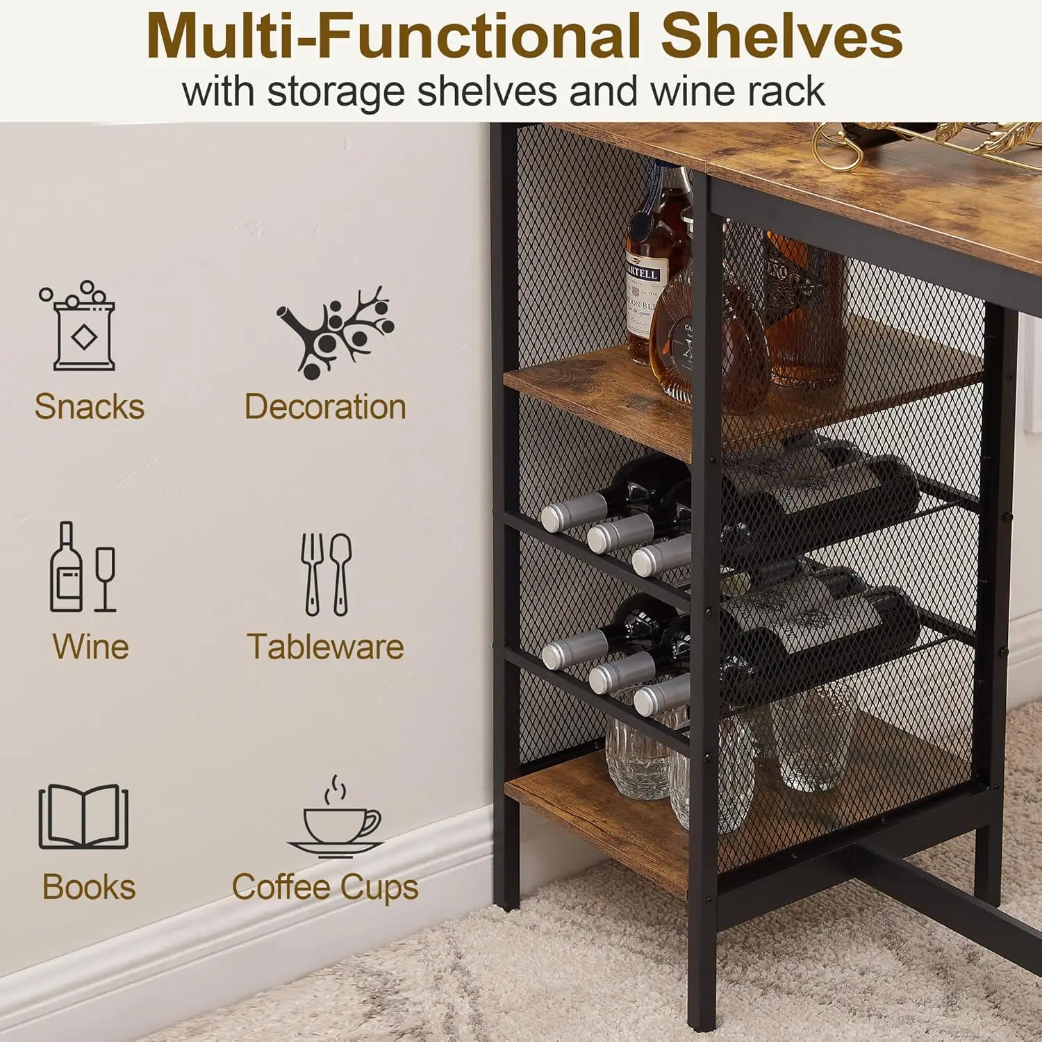Bar Table and Chairs Set for 2, Tall Kitchen Counter Dining with Storage Shelves, Cup Holder & Wine Rack, PU Leather Cush