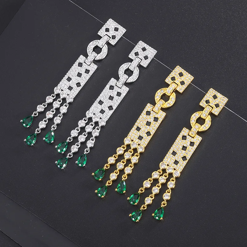 

New fringed gold-plated emerald earrings shiny green zircon geometry chain pendant classic fine jewelry