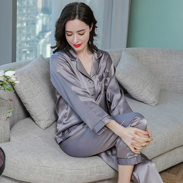 Female Real Silk Pajama Sleepwear 100% Pure Women's Pajamas Suits Long Top and Pant Silk Pajama Sets Plus Size Pijama Home Suit Grey