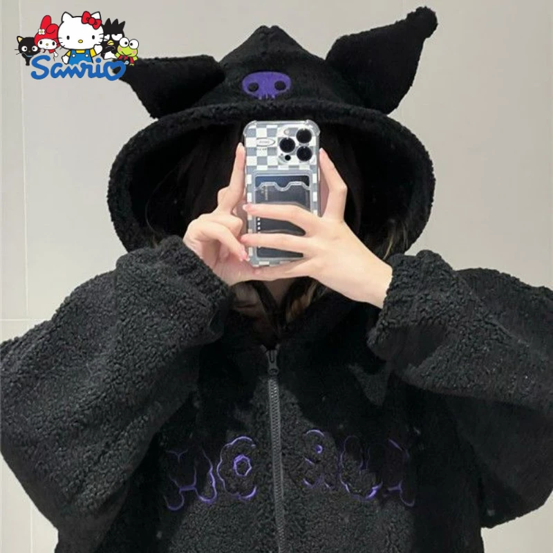 Sanrio Kuromi Hoodies Cartoon Black Embroidery Thin Coat Women Y2k Aesthetic Tops Autumn Female Fashion Loose Sweatshirt Clothes